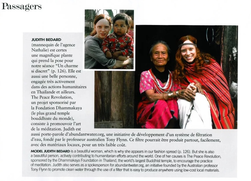 Judith Bedard, a super model gives an interview about Peace Revolution in Air France Magazine