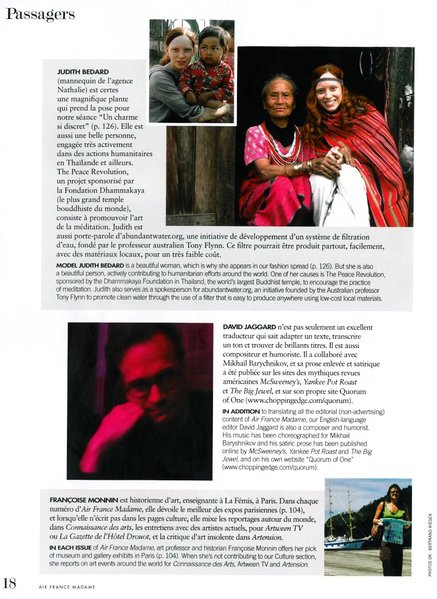 Judith Bedard, a super model gives an interview about Peace Revolution in Air France Magazine 2009